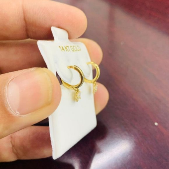 14K Yellow Gold CZ Huggies Hoop Earrings Heart Drop Earrings for Womens Aretes - Picture 5 of 6